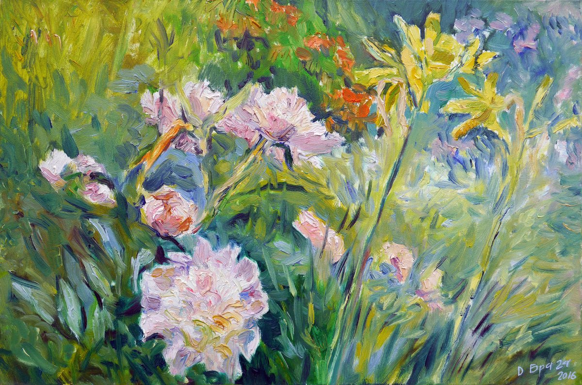 Impressionistic Botanical Oil Painting By Dima Braga, 24 X 16, Peonies And Lilies In A Garden, Original Artwork
