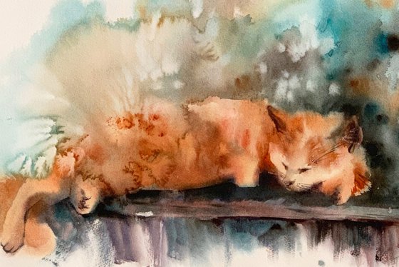 Siesta. Cat watercolor painting.