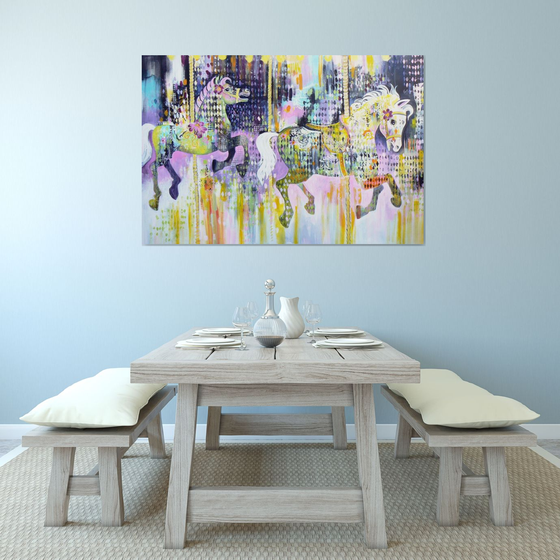 The gallopers (large expressive contemporary painting with carousel horses, kitsch art)
