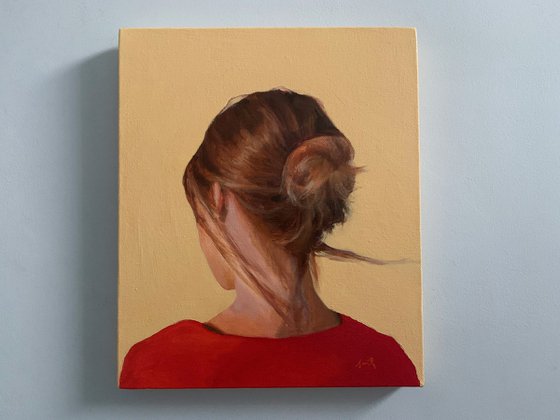 Original head portrait of a young woman, oil painting on canvas.