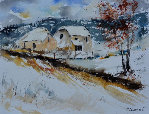 Two old homes in winter - watercolor by Pol Henry Ledent