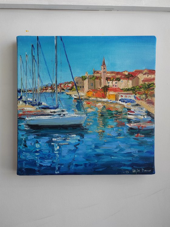 Beach towns in Tuscany oil painting blue ocean landscape wall decor 12x12"