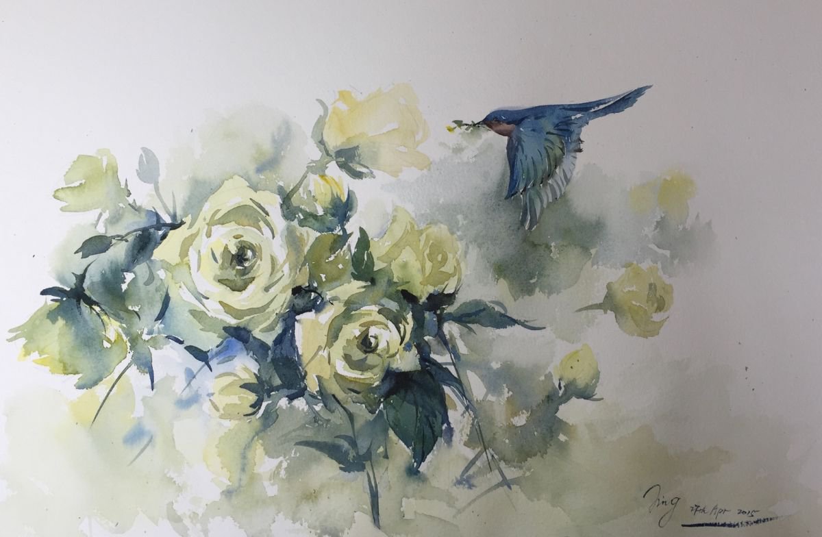 Impressionistic Botanical Watercolour By Jing Chen, 22 X 15, Arrival, Original Artwork
