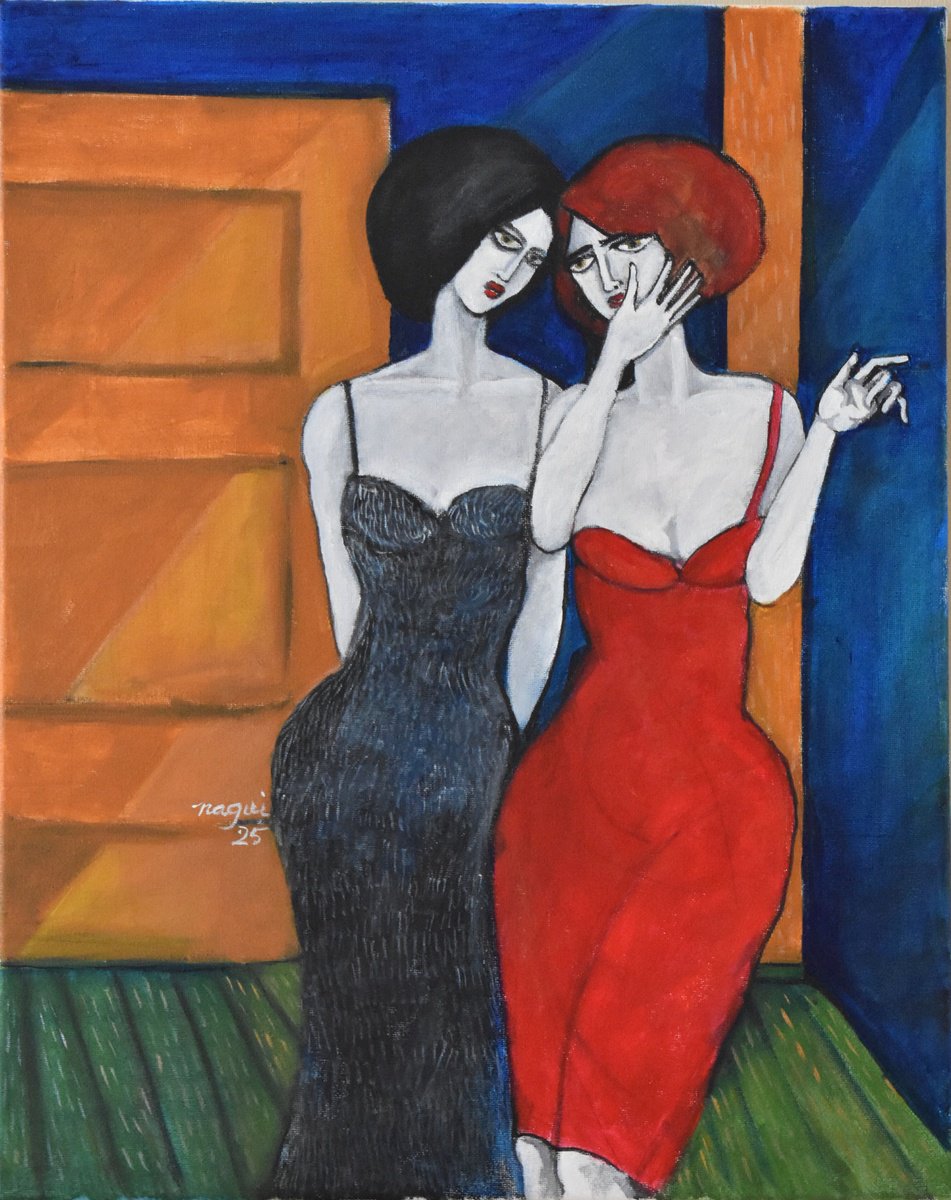 Expressive Portrait Acrylic Painting By Nagui, 16 X 20", Whispers, Original Artwork