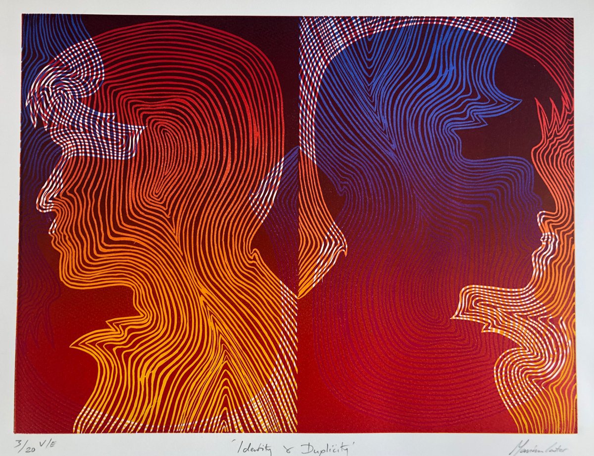 Illustrative Portrait Linocut By Marian Carter, 20 X 15", Identity & Duplicity, Original Artwork