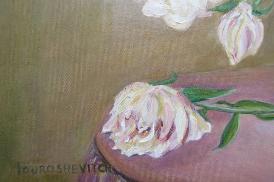 Peonies in a vase - Traditional Original Oil Painting of Blooming Flowers Peonies staying in a Vase on a Round Table covered with a Magenta Cloth Gift Inspiration