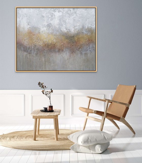 ILLUMINATE. Extra Large Abstract Gray, White, Beige, Gold  Textured Painting.