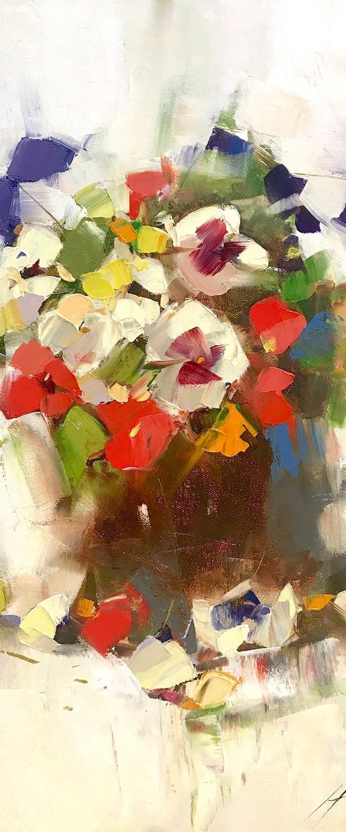 Vase of Pansies, Oil painting by Palette Knife, One of a kind, Handmade artwork by Vahe Yeremyan