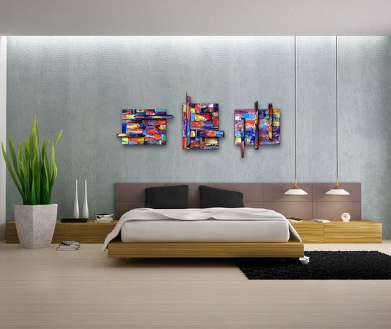 "The Pixel Variations" - FREE USA SHIPPING - Original Triptych PMS Mixed Media Sculptural Paintings On Wood, Framed -  65 x 26 inches