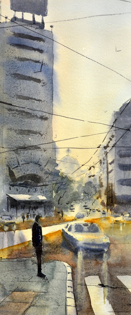 Hotel Slavija i hram Beograd 17x36 cm 2020 by Nenad Kojić watercolorist