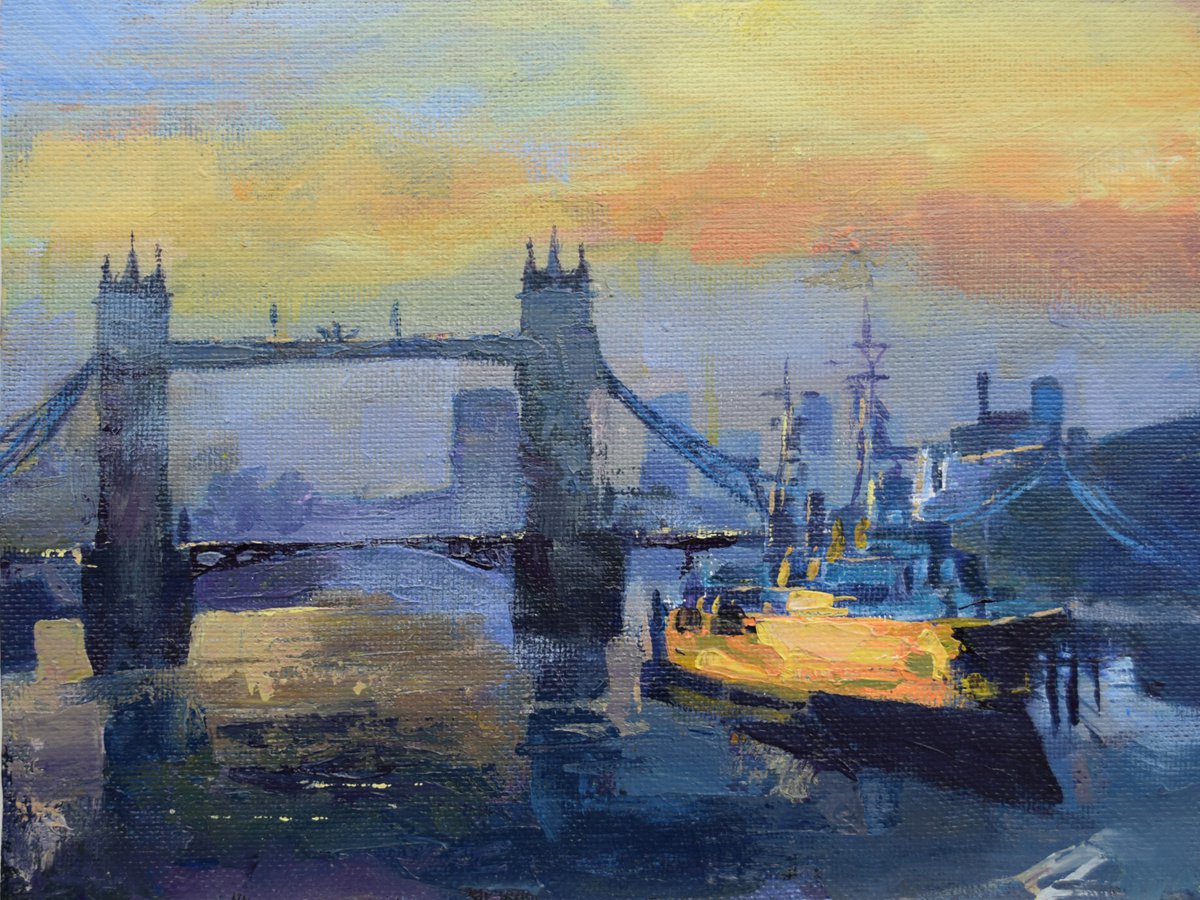 Expressive Landscape Acrylic Painting By Goran Zigolic Watercolors, 16 X 12, Magic Of Tower Bridge, Original Artwork
