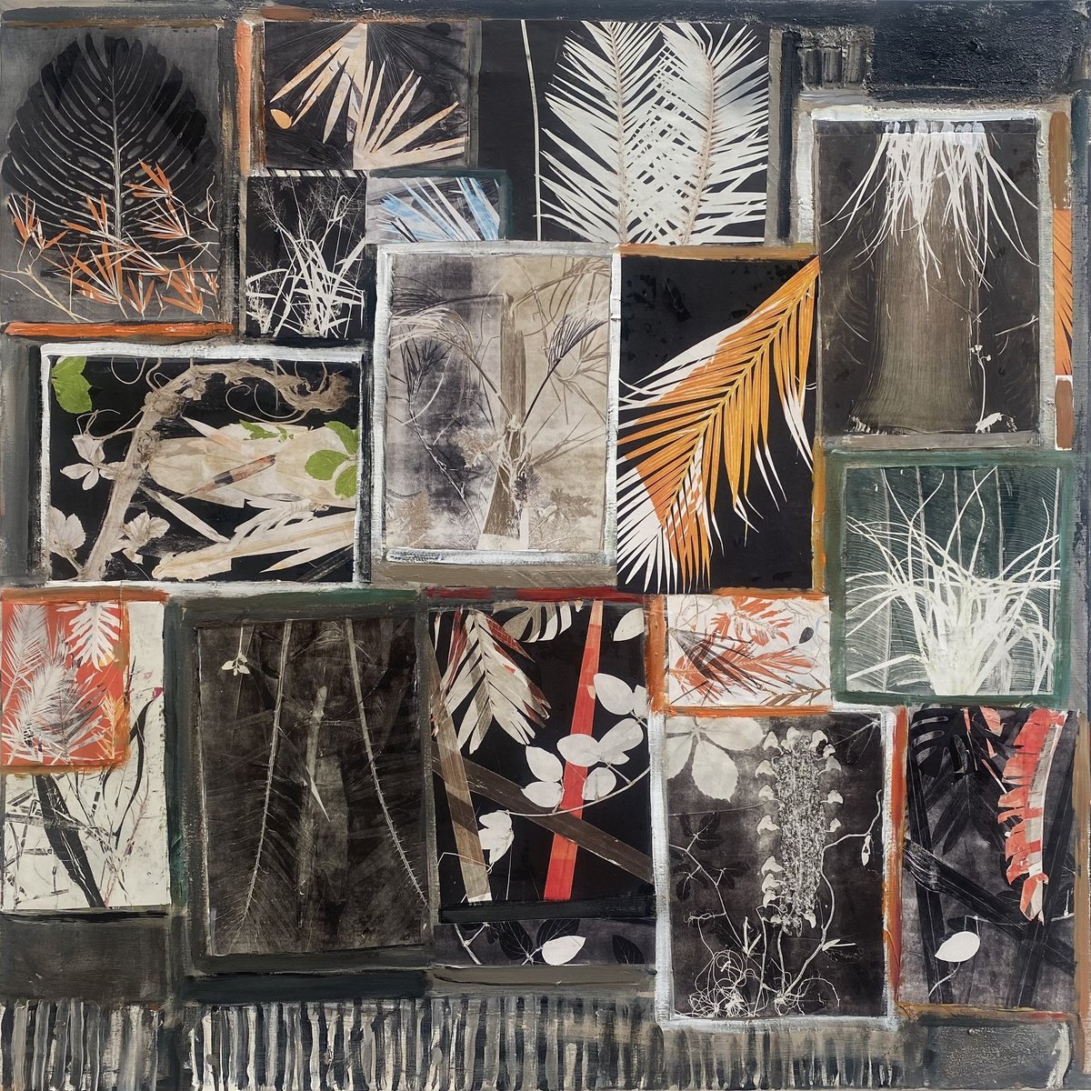 Abstract Botanical Acrylic Painting By Sylvie Dodin, 39 X 39", Collage Grey, Original Artwork