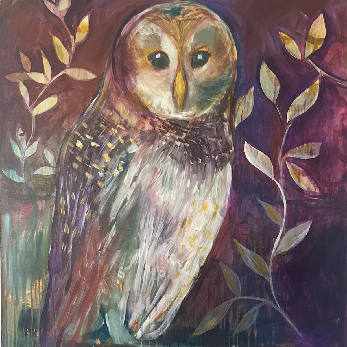 Expressive Animal Acrylic Painting By Eliry Arts, 36 X 36, Aubergine Owl, Original Artwork