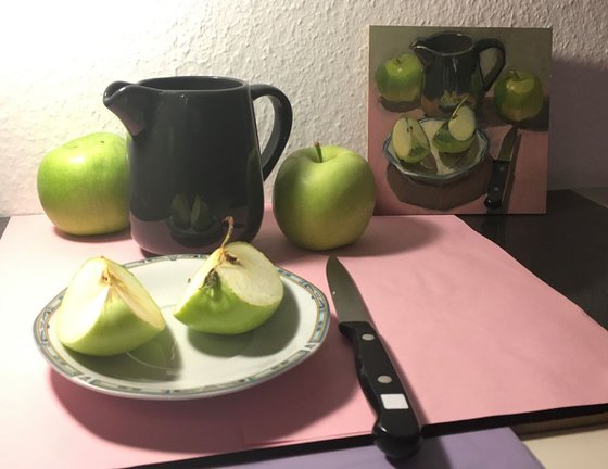 Original Kitchen Still Life - Green Apples and Knife