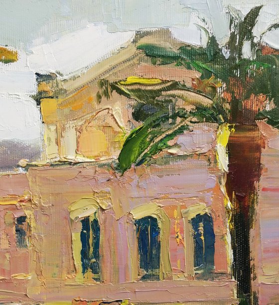Sunny day. Theatre building in Rome . Original plein air oil painting .