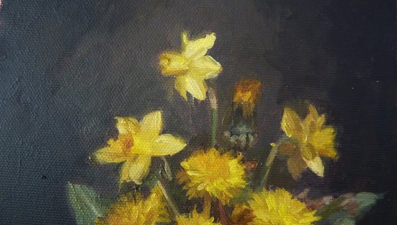 Still life with daffodils and dandelions
