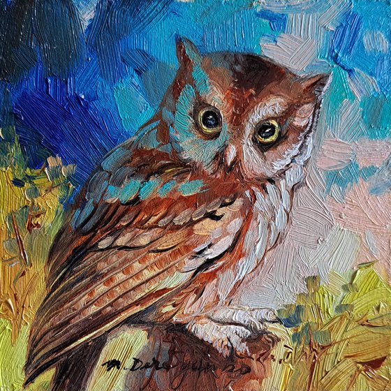 Owl bird painting original in frame 4x4 inch, Bird wall art bird celestial gift