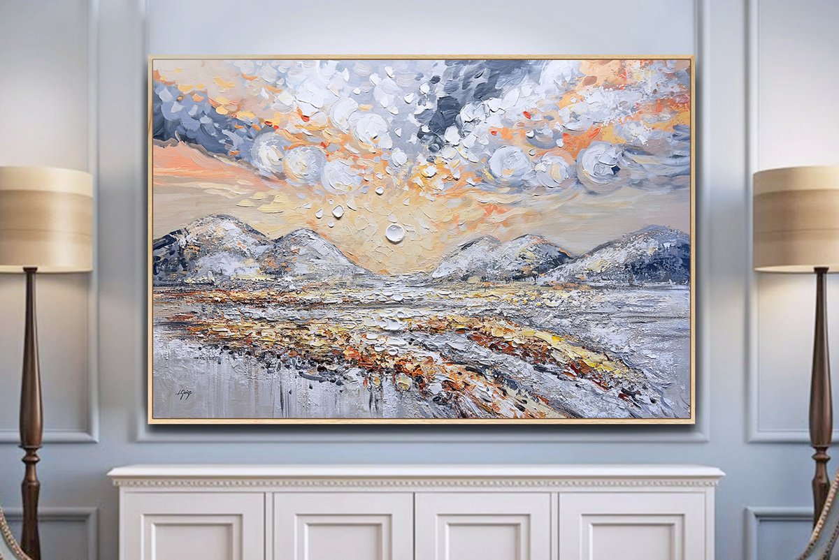 Abstract Landscape Acrylic Painting By Lana Guise, 49 X 33", Beyond The Clouds, Original Artwork