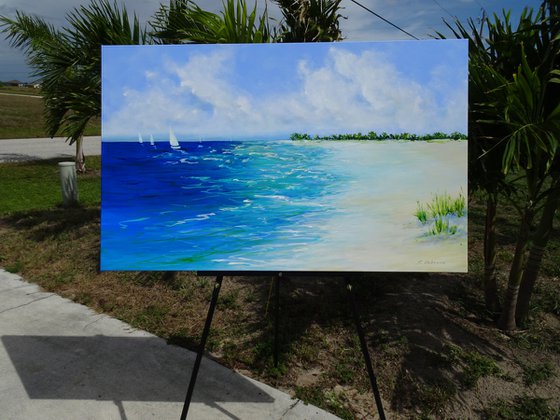 SUMMER BREATH. Large Abstract Seascape Painting. Beach, ocean, waves, sky with clouds, sailboats, sailing, yacht. Modern Impressionism