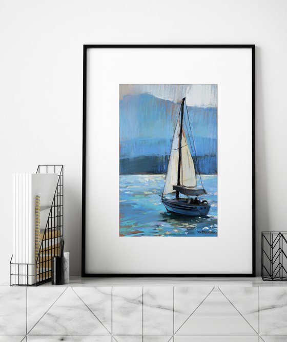 Seascape - Boat - Sunny day - Pastel drawing