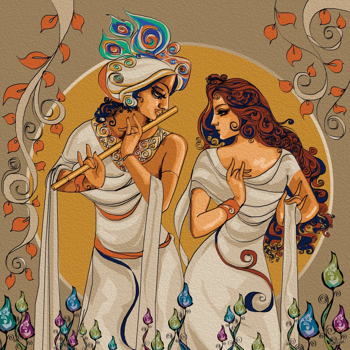 Abstract Still Life Acrylic Painting By Artist Gurdish Pannu, 18 X 18, Radha Krishna Samvad, Original Artwork