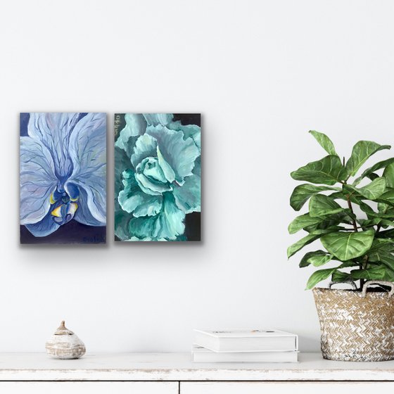 Set of 2 Blue Orchid and Turquoise Rose flower painting, Birthday gift for women