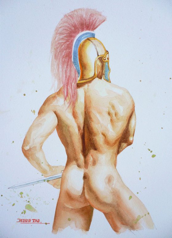 original watercolout painting  artwork  soldier of male nude on paper#16-6-23