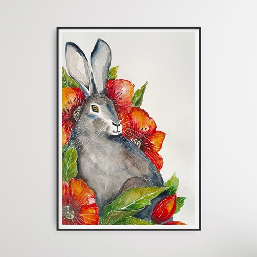 Rabbit with red flowers by Evgenia Smirnova