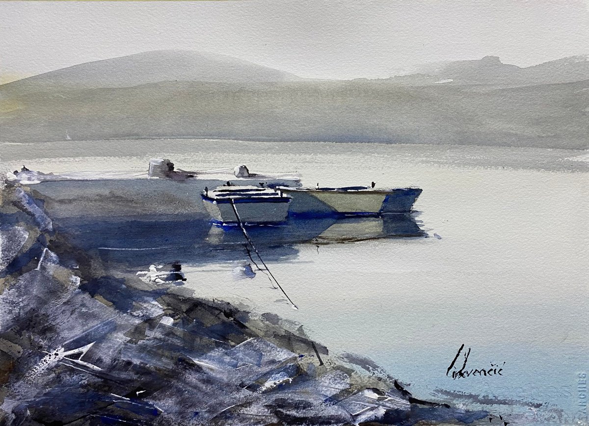 Impressionistic Landscape Watercolour By Tihomir Cirkvencic, 14 X 10", Old Boats Ii, Original Artwork