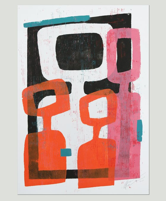Abstract Family Portrait  - Art on paper - Pink & Orange - A2 42x59,4cm - Ronald Hunter 31J