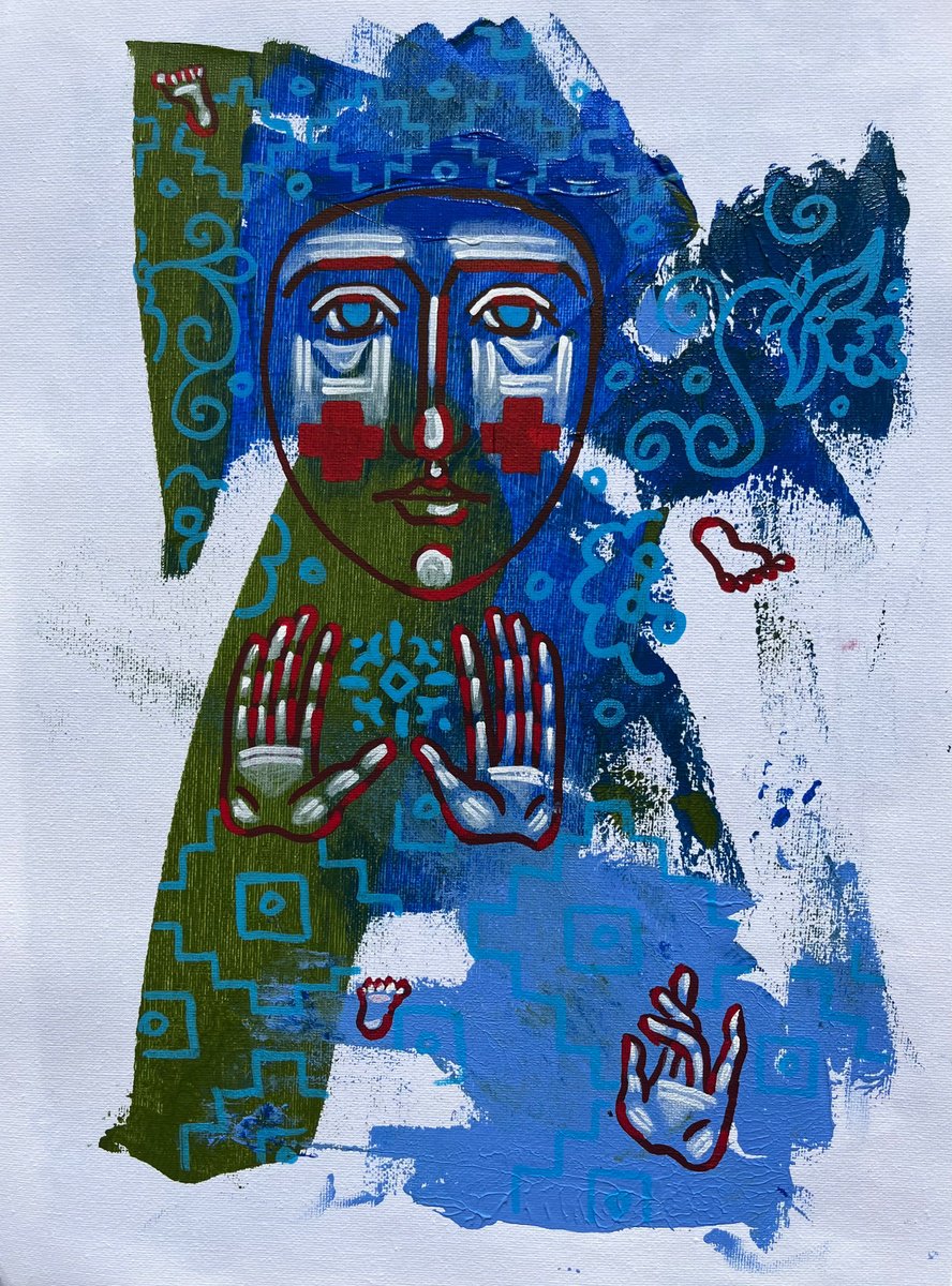 Naive Portrait Acrylic Painting By Yuliia Chaika, 12 X 16", Blue Portrait With Hands, Original Artwork