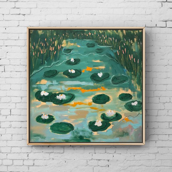 Water lilies — contemporary landscape with optimistic and positive energy on stretched canvas