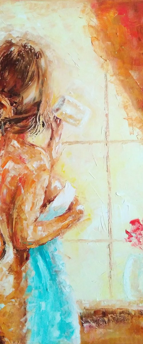 Sunny morning , Erotic Painting Original Art Female Nude Artwork Window Wall Art 40x50 cm, ready to hang. by Yulia Berseneva