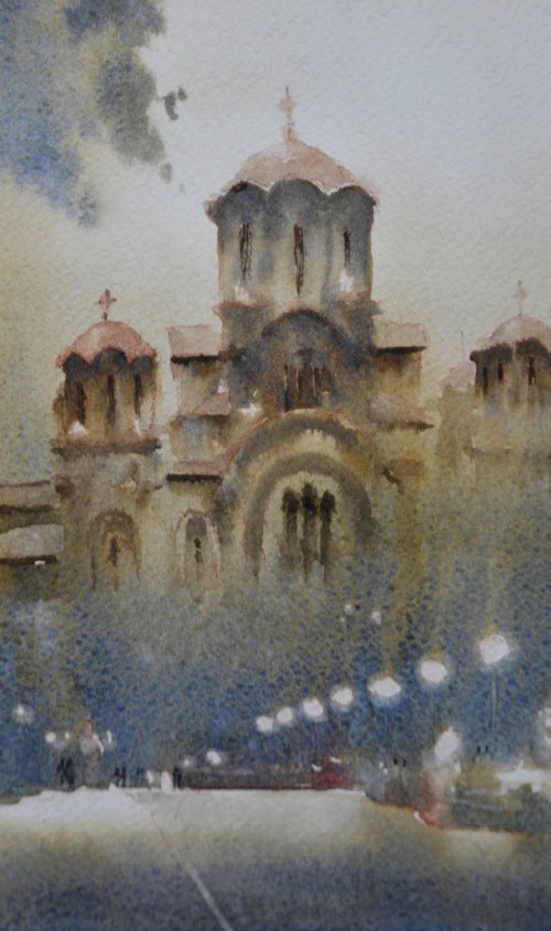 Tasmajdan and St Markos church Belgrade 25x36 cm 2023 by Nenad Kojić watercolorist