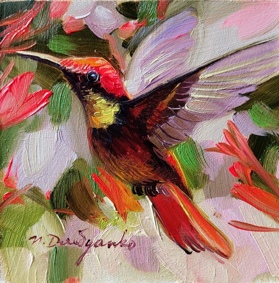 Bird painting original 4x4, Hummingbird art small oil panting, Colorful small bird artwork in gold frame, Bird gifts for women