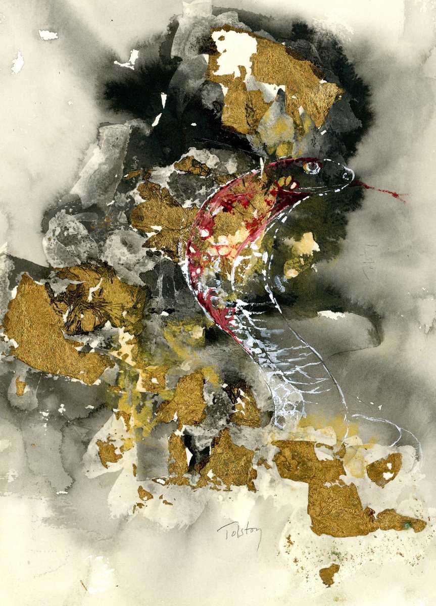 Impressionistic Animal Painting By Alex Tolstoy, 10 X 14, Snake In The Gold, Original Artwork