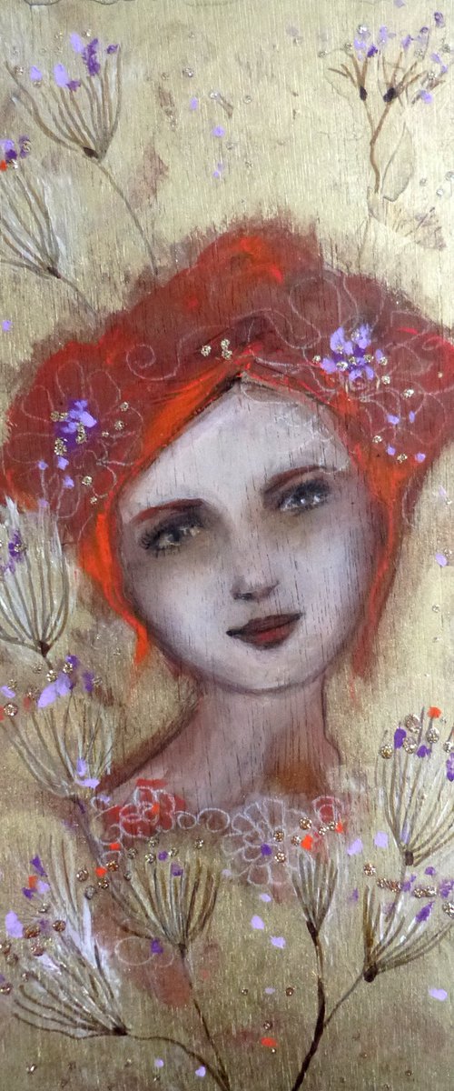Sentimental 30 x 15 cm. Romantic redheaded woman on wood. by Loetitia Pillault