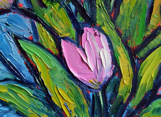 TULIPS AND POPPIES Modern Impressionist Impasto Palette Knife Oil Painting