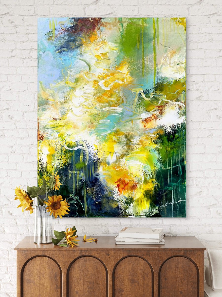 Abstract Acrylic Painting By Andrada Anghel, 30 X 40, Magical Garden Pond, Original Artwork