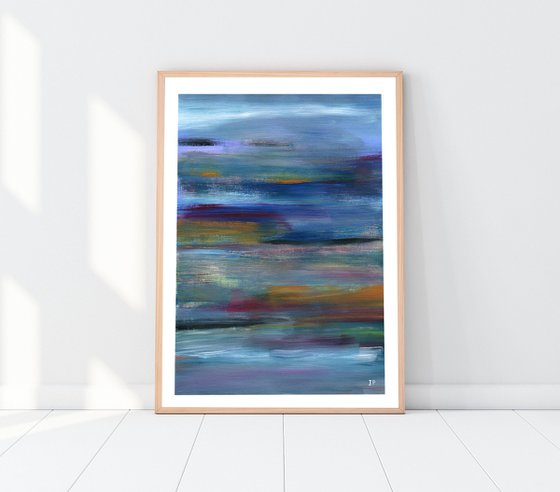 Blue acrylic abstract  painting on paper sea abstraction  with lines medium format gift idea