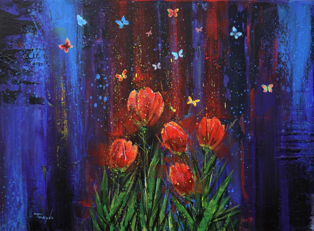 Expressive Animal Acrylic Painting By Trayko Popov, 22 X 16", Night Flowers | Garden | Butterfly, Original Artwork