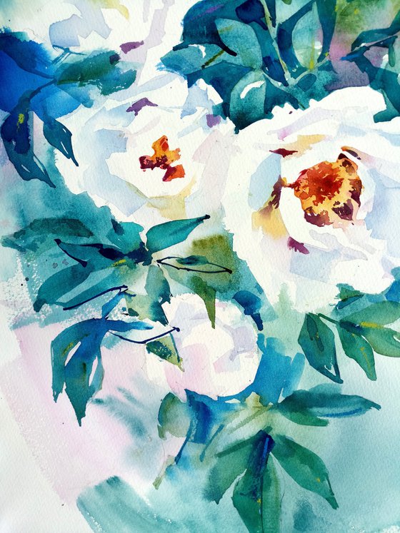 "Blooming white peonies in the evening" original botany watercolor artwork