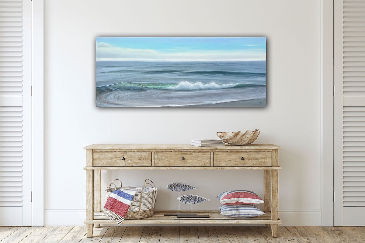 Photorealistic Landscape Oil Painting By Eva Volf, 40 X 16, Rising Tide, Original Artwork