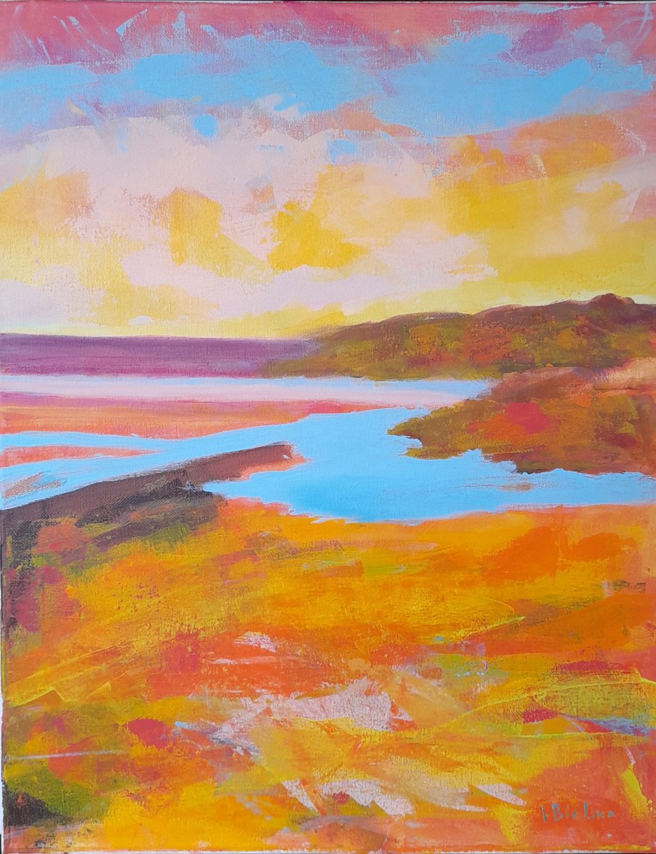 Expressive Landscape Acrylic Painting By One Air Art Studio, 16 X 20", Colours Of The Day, Original Artwork