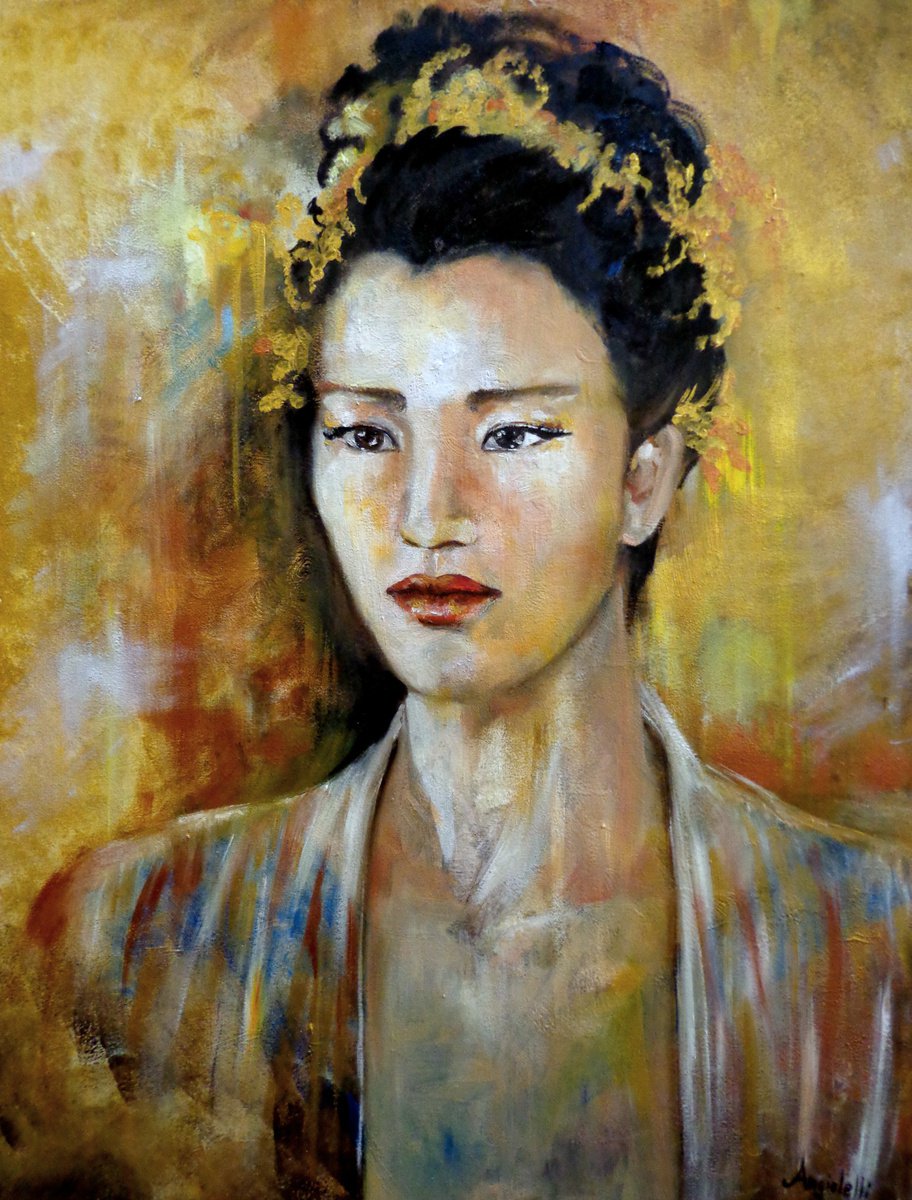 Photorealistic Portrait Painting By Anna Rita Angiolelli, 18 X 24, Portrait Of Geisha, Original Artwork
