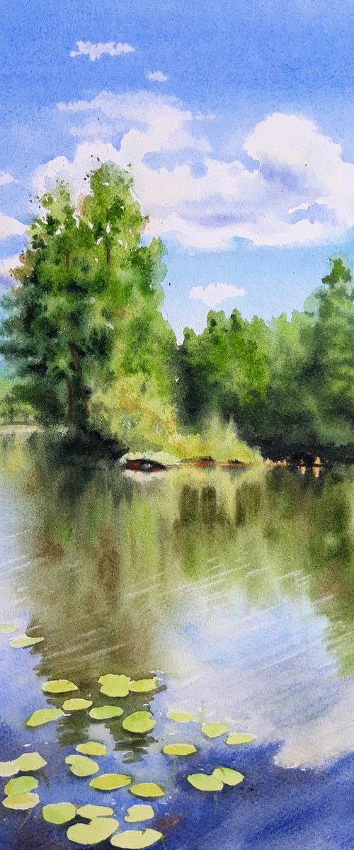 Forest Lake - summer landscape by Olga Beliaeva Watercolour