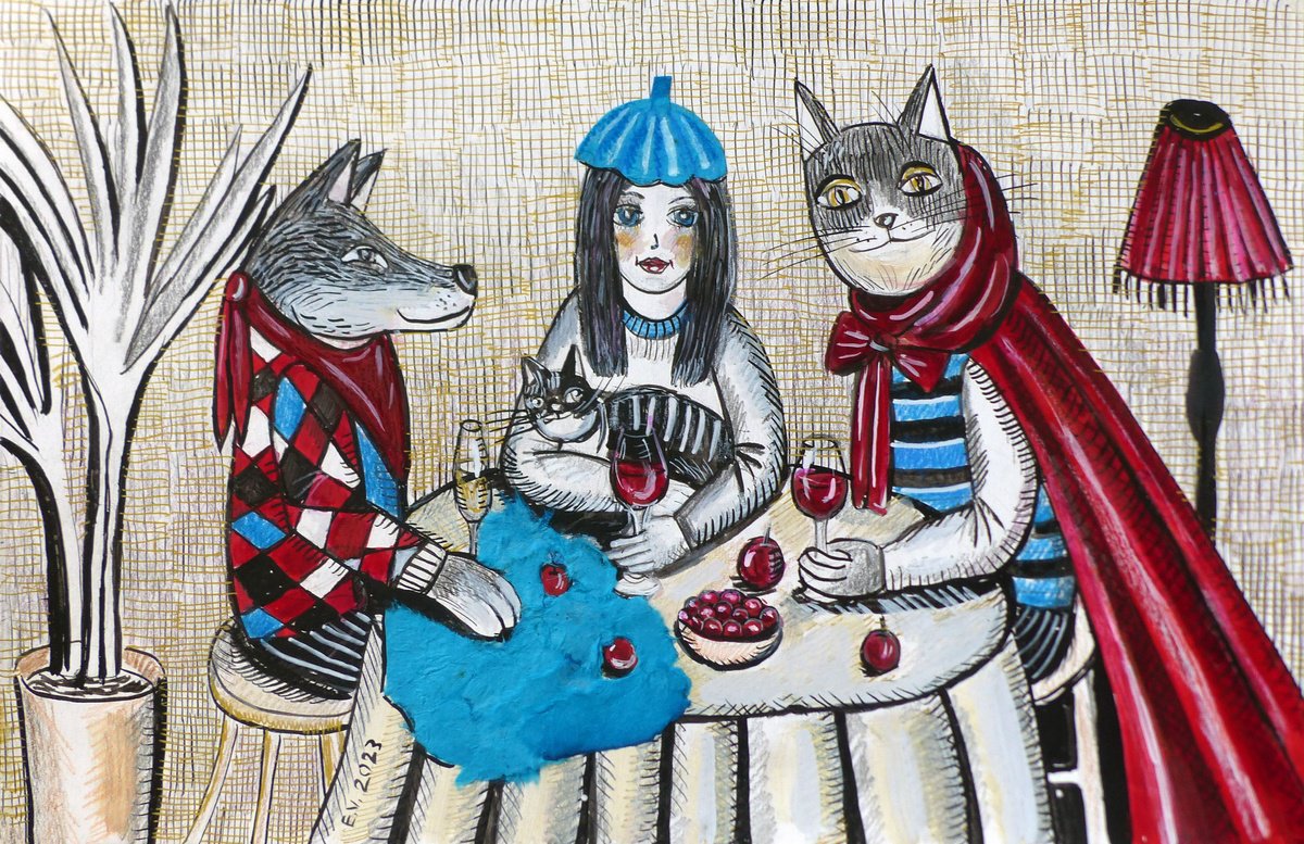 Graphic Portrait Painting By Elizabeth Vlasova, 17 X 11, Mystery Party, Original Artwork