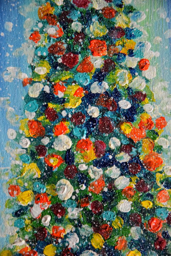 Christmas tree original acrylic painting, New Year pine tree picture, winter snow landscape