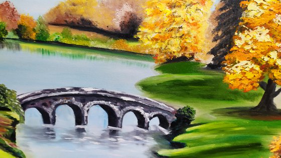 Stourhead gardens ,Wiltshire England, original park landscape oil painting