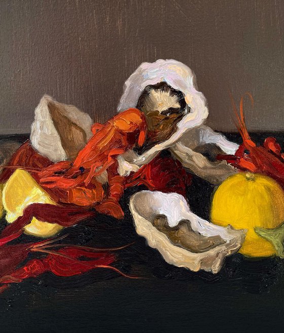 Still Life with boiled crayfish and oysters
